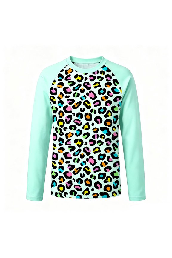 Kids Raglan Long Sleeve Rash Guard, Bright Colorful Rainbow Leopard Print UPF 50+ Sun Protection Swim Top
