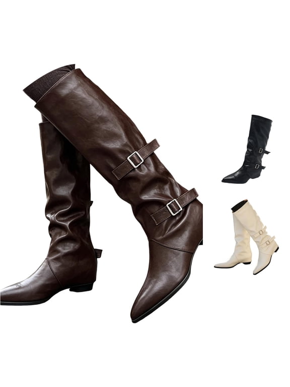 Knee High Boots Women, Fold Over Shark Boots Pointed Toe block heels Wide Calf,Minimalist Street Style Faux Leather Boots for Fall & Winter