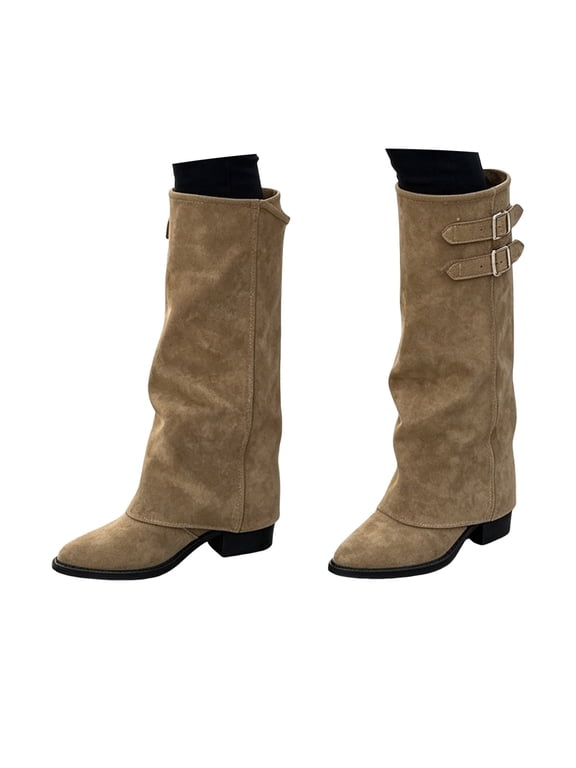 Knee High Boots Women, Fold Over Shark Boots Pointed Toe block heels Wide Calf,Minimalist Street Style Faux Leather Boots for Fall & Winter