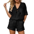 thumbnail image 1 of XFeng Linen Shorts Sets Women 10 Piece V Neck Breathable Loose Fit Outfits Summer Lounge Sets for Travel Beach Vacation,Black,S, 1 of 4