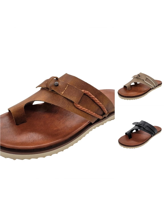 Men Adjustable Strap Thong Slide Sandals, Leather Toe Ring Flip Flops Wood Grain Insole Casual Summer Beach Slippers