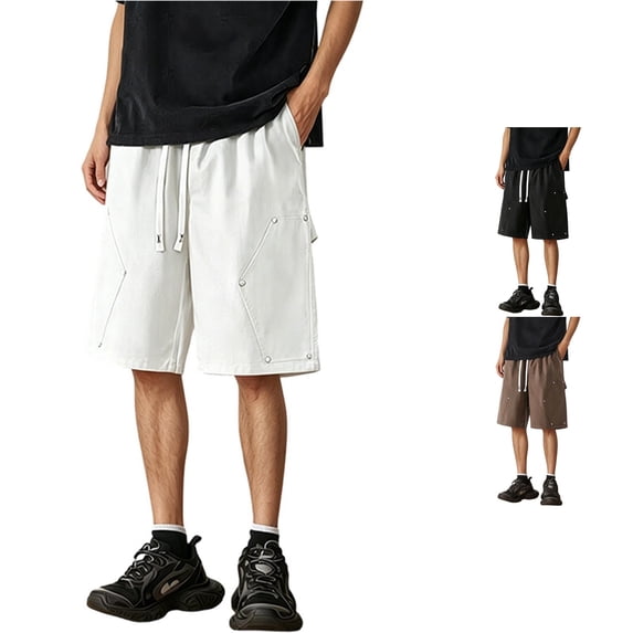 XFeng Men Black Cargo Shorts Drawstring Elastic Waist Rivet Detail Knee‑Length Streetwear Shorts