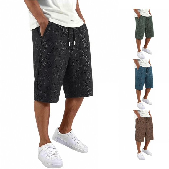 XFeng Men Black Embossed Jacquard Shorts Drawstring Elastic Waist Casual Knee‑Length Shorts