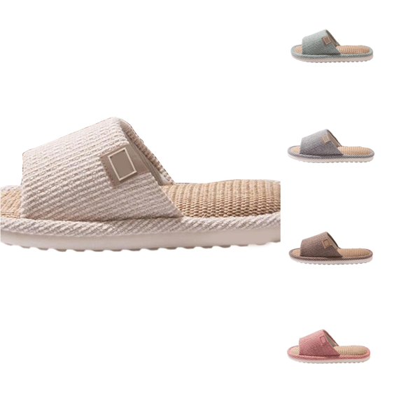 XFeng Men Linen Fabric Open‑Toe House Slippers Indoor Home Slides