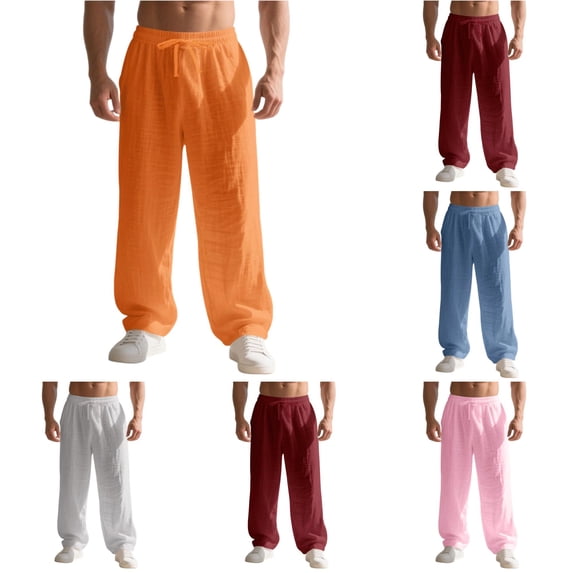 XFeng Men Linen Wide Leg Pants Drawstring Casual Trousers