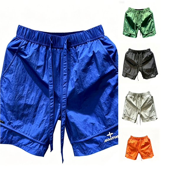XFeng Men Nylon Athletic Shorts Elastic Waist Drawstring Printed Logo Quick Dry Knee‑Length Shorts