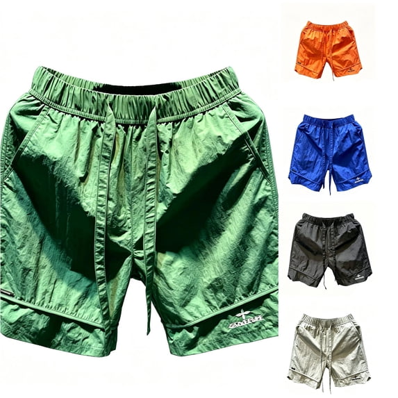 XFeng Men Nylon Athletic Shorts Elastic Waist Drawstring Printed Logo Quick Dry Knee‑Length Shorts