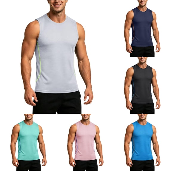 XFeng Men Round Neck Sleeveless Workout Tank Top, Side Split Quick Dry Athletic Muscle Tee