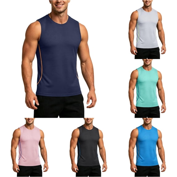 XFeng Men Round Neck Sleeveless Workout Tank Top, Side Split Quick Dry Athletic Muscle Tee