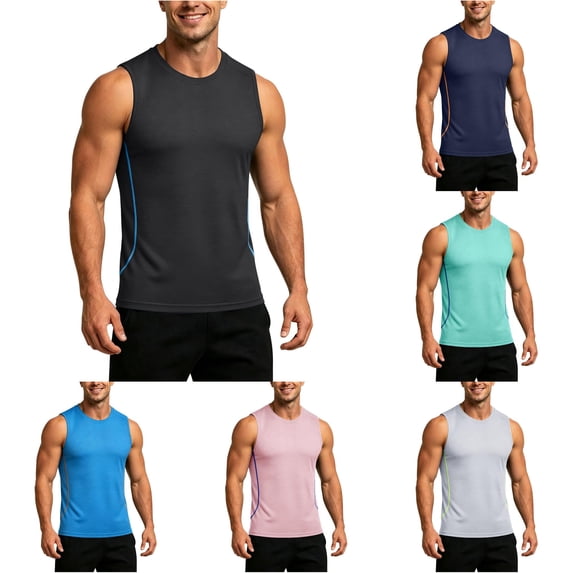 XFeng Men Round Neck Sleeveless Workout Tank Top, Side Split Quick Dry Athletic Muscle Tee
