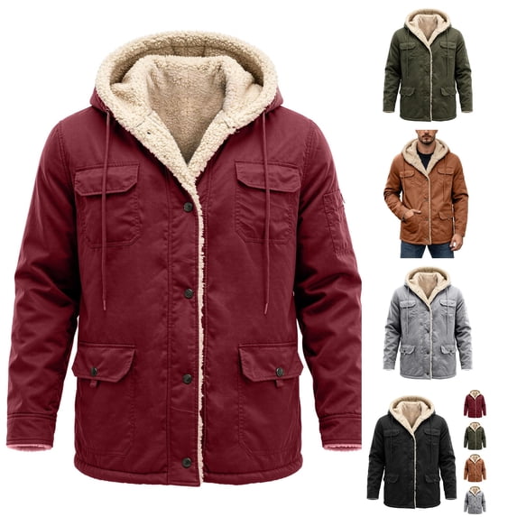 XFeng Men Winter Sherpa Collar Military Jacket, Multi Pocket, Button ...