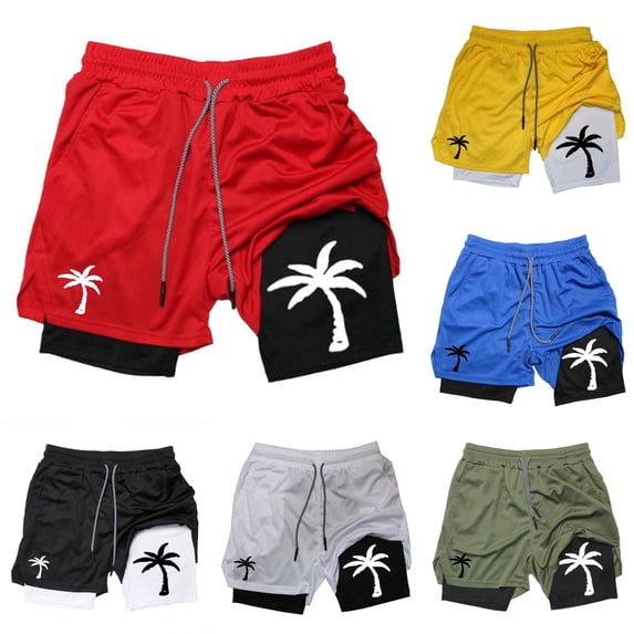 XFeng Men's 2 in 1 Swim Trunks, Print Board Shorts with Compression Liner, Quick Dry Beach Swim Shorts with Pockets
