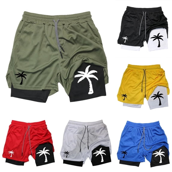 XFeng Men's 2 in 1 Swim Trunks, Print Board Shorts with Compression Liner, Quick Dry Beach Swim Shorts with Pockets