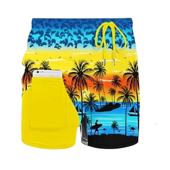 XFeng Men's 2 in 1 Swim Trunks, Print Board Shorts with Compression Liner, Quick Dry Beach Swim Shorts with Pockets