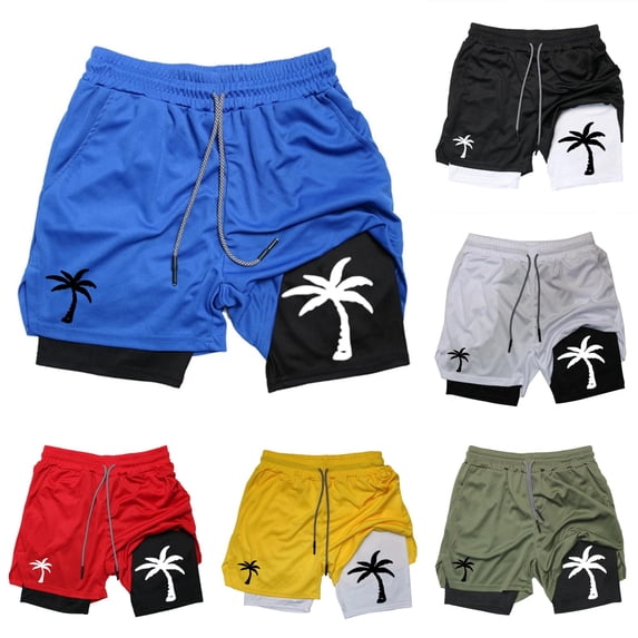 XFeng Men's 2 in 1 Swim Trunks, Print Board Shorts with Compression Liner, Quick Dry Beach Swim Shorts with Pockets