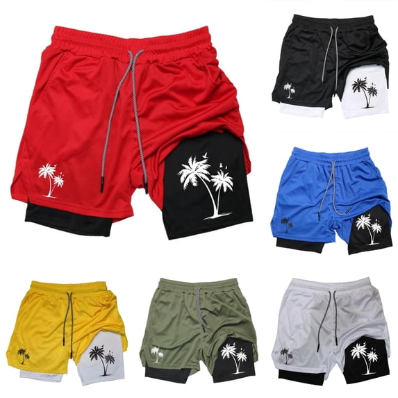XFeng Men's 2 in 1 Swim Trunks, Print Board Shorts with Compression Liner, Quick Dry Beach Swim Shorts with Pockets