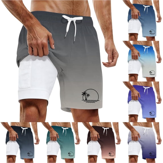 XFeng Men's 2 in 1 Swim Trunks, Print Board Shorts with Compression Liner, Quick Dry Beach Swim Shorts with Pockets