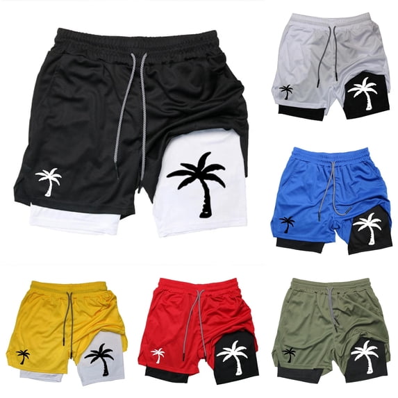 XFeng Men's 2 in 1 Swim Trunks, Print Board Shorts with Compression Liner, Quick Dry Beach Swim Shorts with Pockets