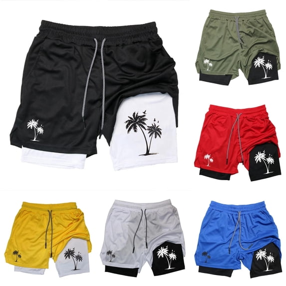 XFeng Men's 2 in 1 Swim Trunks, Print Board Shorts with Compression Liner, Quick Dry Beach Swim Shorts with Pockets