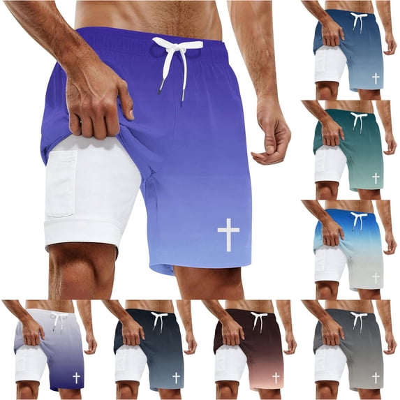 XFeng Men's 2 in 1 Swim Trunks, Print Board Shorts with Compression Liner, Quick Dry Beach Swim Shorts with Pockets