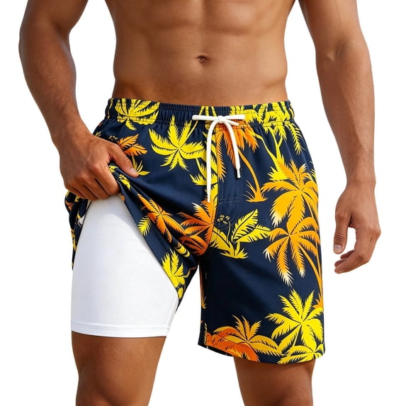 XFeng Men's 2 in 1 Swim Trunks, Print Board Shorts with Compression Liner, Quick Dry Beach Swim Shorts with Pockets