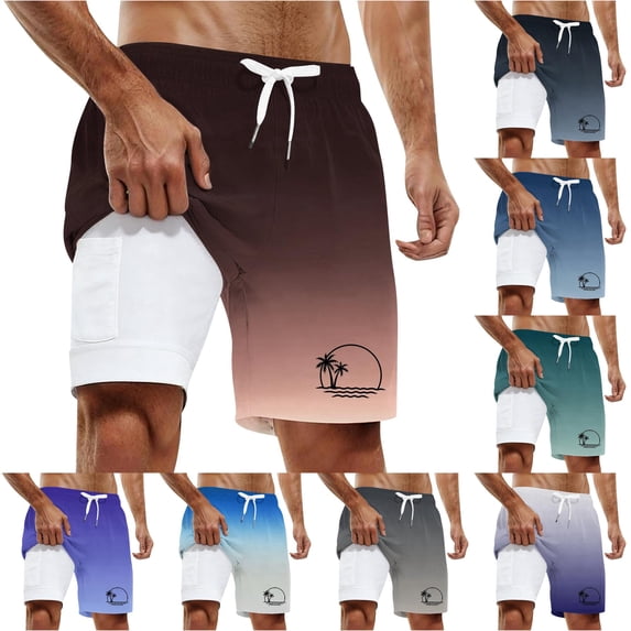 XFeng Men's 2 in 1 Swim Trunks, Print Board Shorts with Compression Liner, Quick Dry Beach Swim Shorts with Pockets