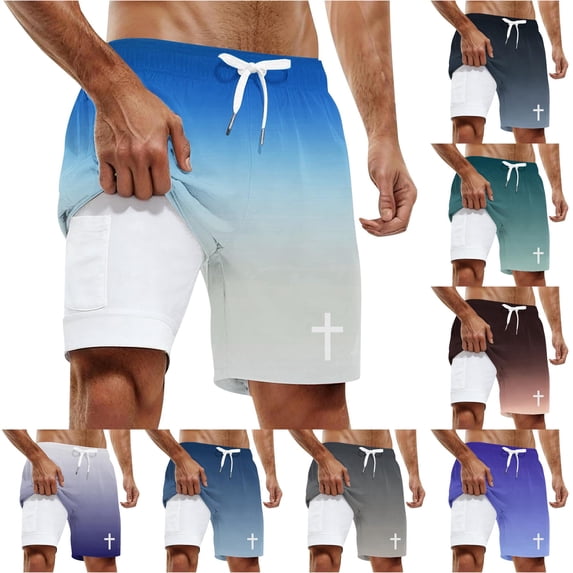 XFeng Men's 2 in 1 Swim Trunks, Print Board Shorts with Compression Liner, Quick Dry Beach Swim Shorts with Pockets