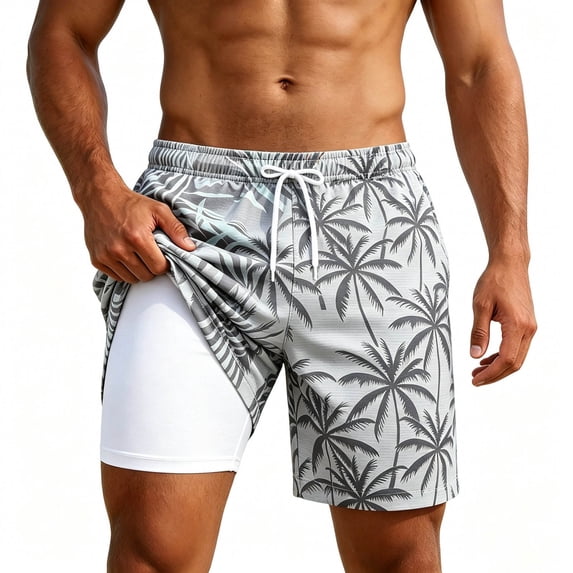 XFeng Men's 2 in 1 Swim Trunks, Print Board Shorts with Compression Liner, Quick Dry Beach Swim Shorts with Pockets
