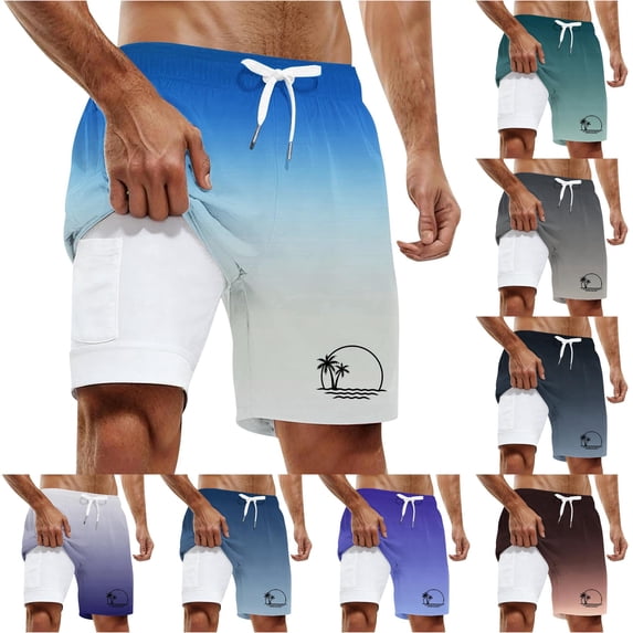 XFeng Men's 2 in 1 Swim Trunks, Print Board Shorts with Compression Liner, Quick Dry Beach Swim Shorts with Pockets