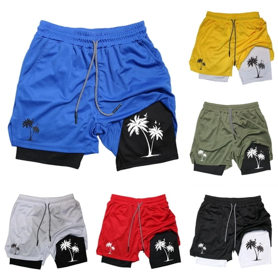 XFeng Men's 2 in 1 Swim Trunks, Print Board Shorts with Compression Liner, Quick Dry Beach Swim Shorts with Pockets