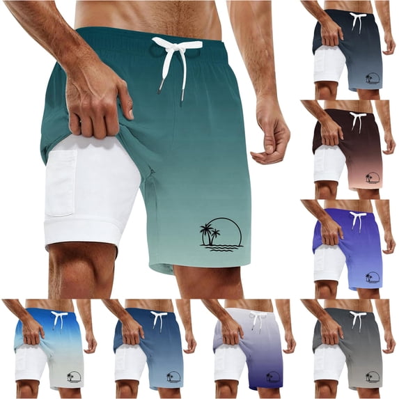XFeng Men's 2 in 1 Swim Trunks, Print Board Shorts with Compression Liner, Quick Dry Beach Swim Shorts with Pockets