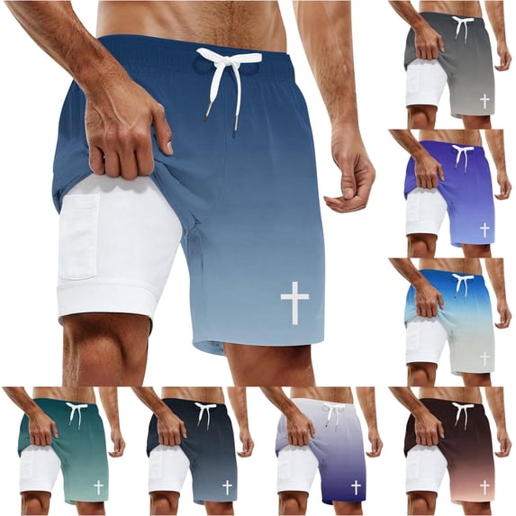 XFeng Men's 2 in 1 Swim Trunks, Print Board Shorts with Compression Liner, Quick Dry Beach Swim Shorts with Pockets