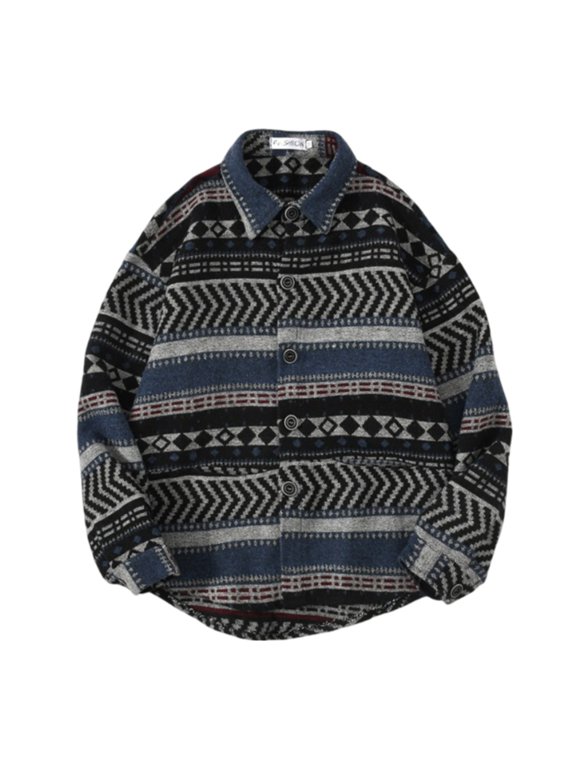 Men's Ethnic Geometric Striped Shacket, Lapel Button Down Vintage Aztec Pattern Casual Shirt Jacket