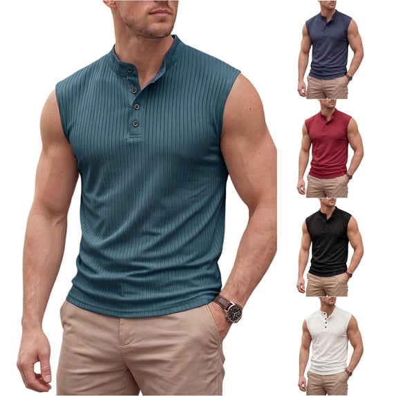 XFeng Men's Ribbed Sleeveless Henley Tank Top, Stand Collar Casual Muscle Shirt