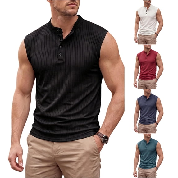 XFeng Men's Ribbed Sleeveless Henley Tank Top, Stand Collar Casual Muscle Shirt