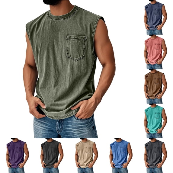 XFeng Men's Washed Sleeveless Tank Top, Crew Neck Pocket Casual Muscle Shirt