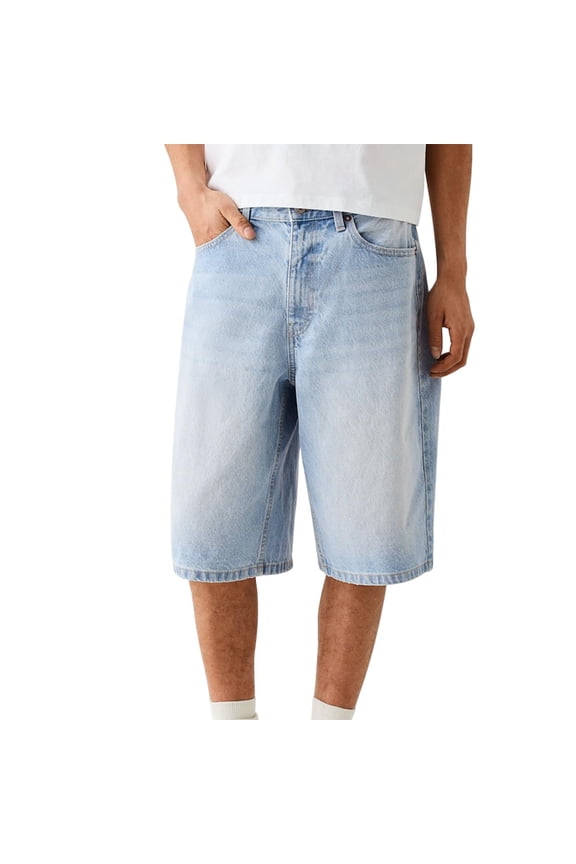Mens Loose Denim Shorts Baggy Casual Wide Leg Mid Jean Jorts Zipper Hop Shorts with Pockets Streetwear
