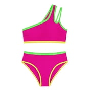 XFeng One Shoulder Bikini Set For Girls Two Piece Swimsuit,Hot Pink,12Y