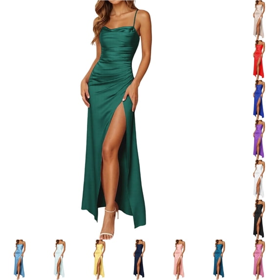 XFeng Prom Dresses for Women Cowl Neck Satin Party Dresses with Slit Long Pleated Spaghetti Straps Formal Evening Gowns
