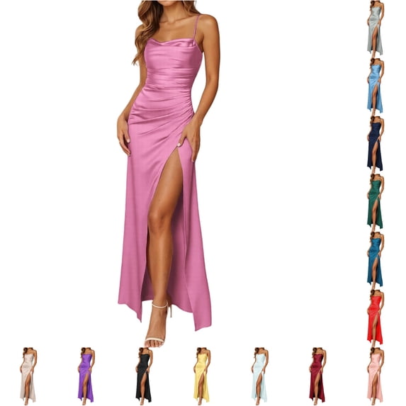XFeng Prom Dresses for Women Cowl Neck Satin Party Dresses with Slit Long Pleated Spaghetti Straps Formal Evening Gowns