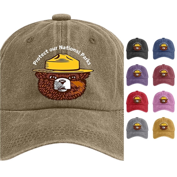 XFeng Protect Our National Parks Smokey Bear Print Baseball Cap, Vintage Washed Black Adjustable Outdoor Nature Dad Hat