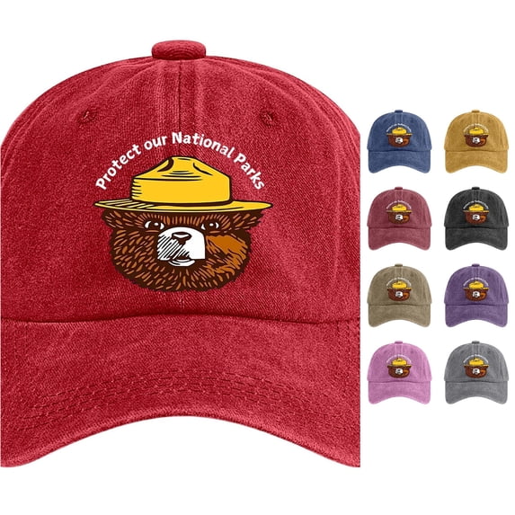 XFeng Protect Our National Parks Smokey Bear Print Baseball Cap, Vintage Washed Black Adjustable Outdoor Nature Dad Hat