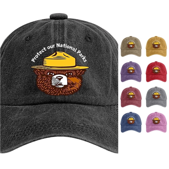 XFeng Protect Our National Parks Smokey Bear Print Baseball Cap, Vintage Washed Black Adjustable Outdoor Nature Dad Hat
