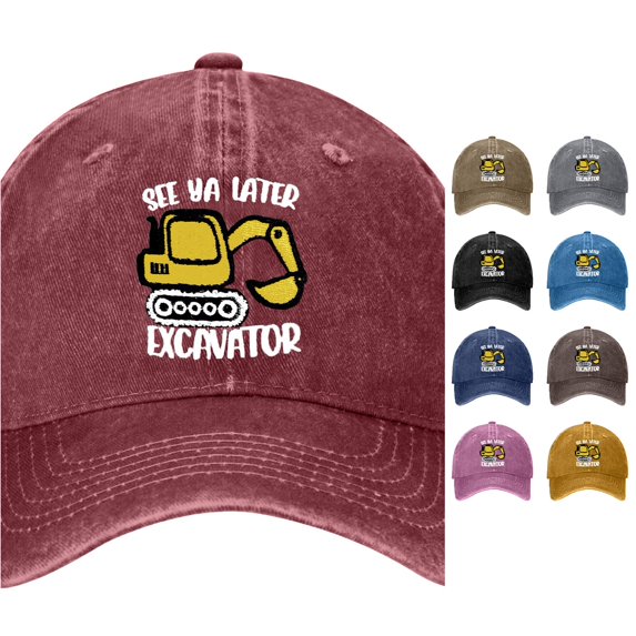 XFeng "See Ya Later Excavator" Embroidery Washed Baseball Cap, Vintage Black Toddler Boys Construction Vehicle Adjustable Sun Hat