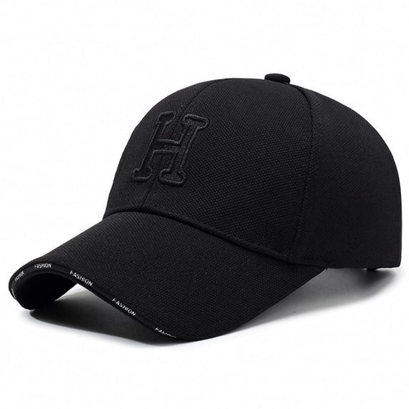 XFeng Solid Black H Letter Embroidery Baseball Cap, Breathable Pique Fabric Adjustable Casual Fashion Dad Hat