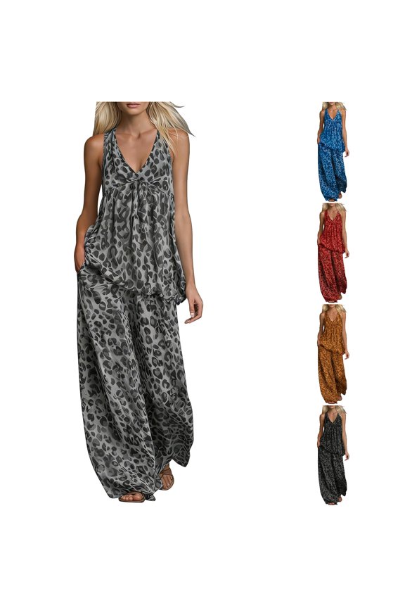 Summer Two Piece Sets for Women Leopard Print Chiffon V Neck Tank Tops Wide Leg Pants Street Style Matching Set for Date