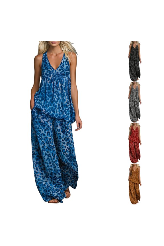 Summer Two Piece Sets for Women Leopard Print Chiffon V Neck Tank Tops Wide Leg Pants Street Style Matching Set for Date