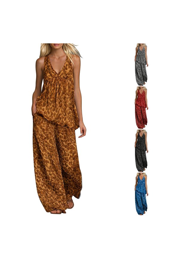 Summer Two Piece Sets for Women Leopard Print Chiffon V Neck Tank Tops Wide Leg Pants Street Style Matching Set for Date