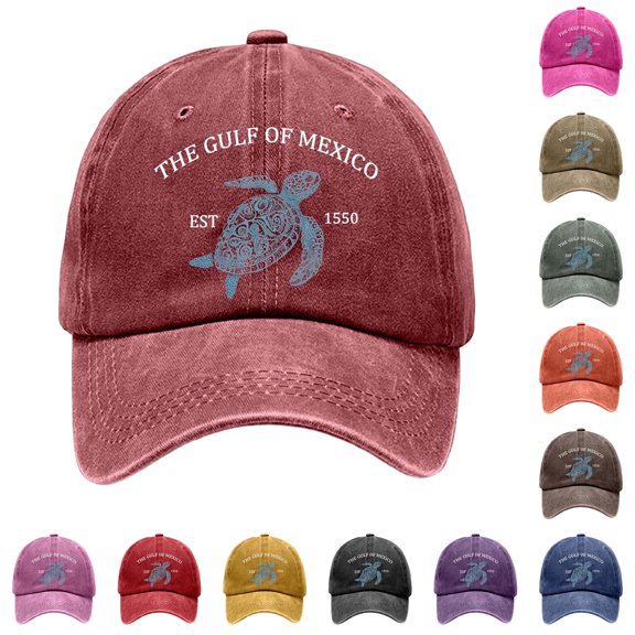 XFeng The Gulf of Mexico Sea Turtle Print Washed Baseball Cap, Vintage Dark Gray Adjustable Coastal Beach Sun Hat