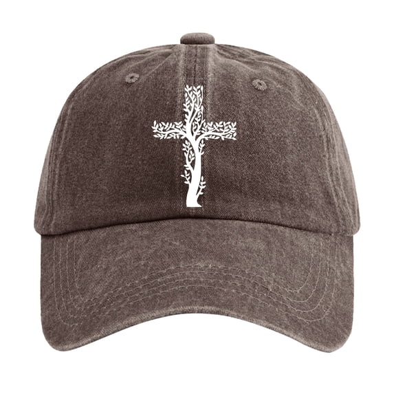 XFeng Tree of Life Cross Embroidery Baseball Cap, Vintage Washed Black Adjustable Faith Casual Dad Hat